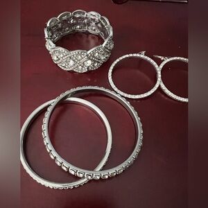 Lot High End Rhinestone Jewelry Earrings Bangles Stretch Cuff Bracelets Vintage
